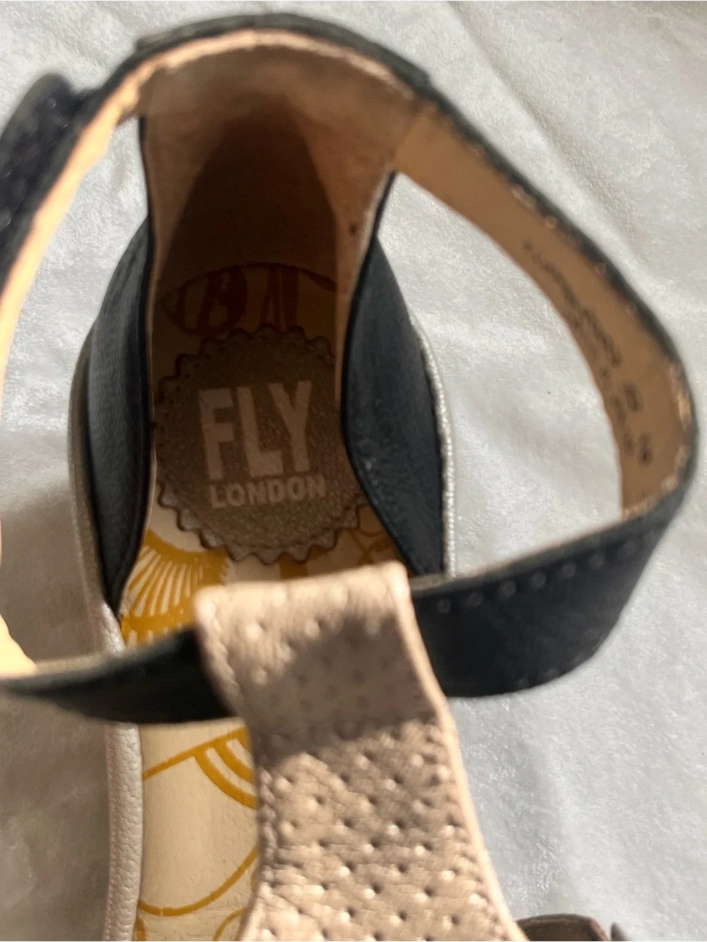 Fly London Metallic Gold $240 Perforated Wedge Sandals with Black Ankle Strap